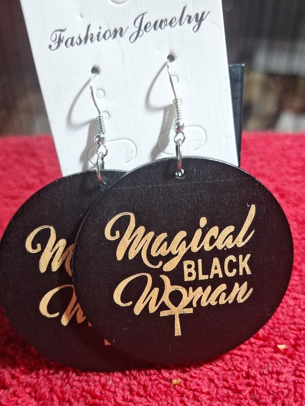 Magical Black Woman Round Wooden Earrings - Black & Gold